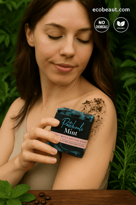  Woman applying Patchouli Mint soap to her shoulder, surrounded by green leaves, with “ecobeaut.com” and eco-friendly icons in the top right corner.
