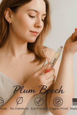 Woman applying Soar natural perfume by Plum Beech in a real-life setting – Organic, handmade citrus fragrance with eco-friendly values – ecobeaut.com