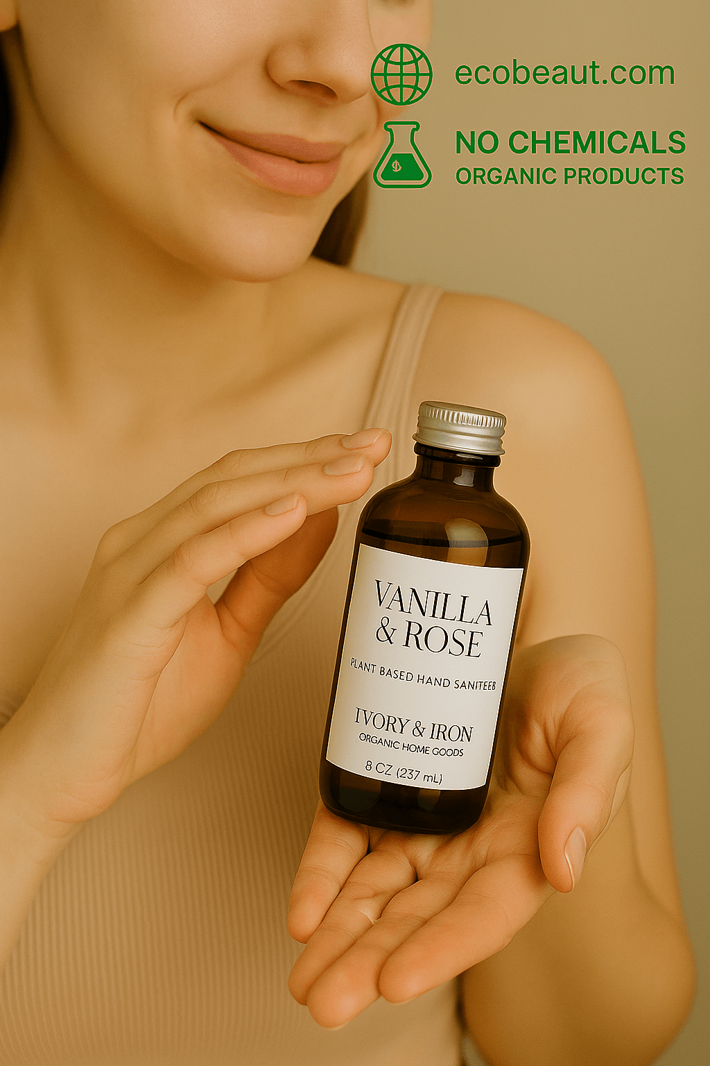 Woman applying Vanilla & Rose plant-based hand sanitizer by Ivory & Iron onto her palm. Organic and chemical-free product with ecobeaut.com branding in the corner.