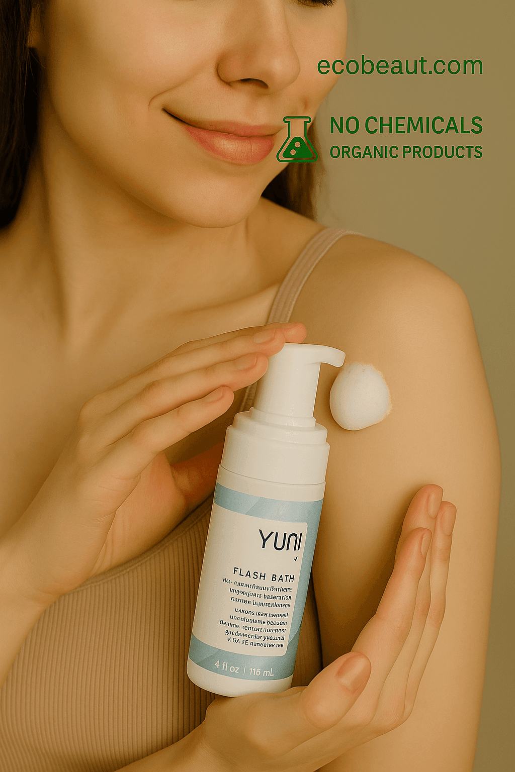 Woman applying YUNI Flash Bath No-Rinse Body Cleanser foam to her shoulder. Eco-friendly, organic product labeled no chemicals with ecobeaut.com branding in the corner.