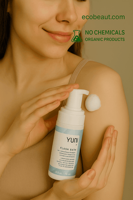 Woman applying YUNI Flash Bath No-Rinse Body Cleanser foam to her shoulder. Eco-friendly, organic product labeled no chemicals with ecobeaut.com branding in the corner.