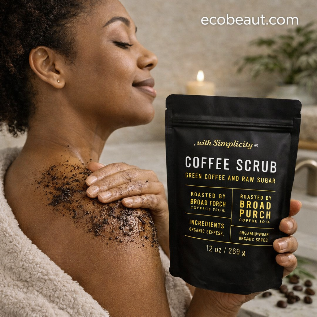 Woman applying coffee scrub to her shoulder with a package labeled 'Coffee Scrub' in a bathroom setting.