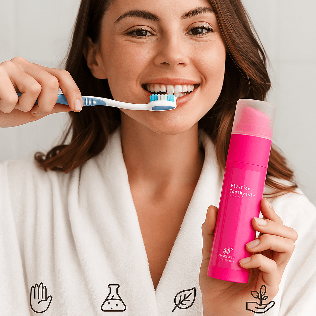 Woman applying eco-friendly fluoride toothpaste from colorful dispenser, organic, handmade, made in USA – ecobeaut.com