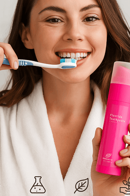 Woman applying eco-friendly fluoride toothpaste from colorful dispenser, organic, handmade, made in USA – ecobeaut.com