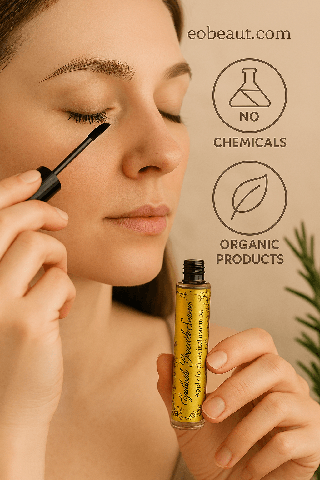 Woman applying ecobeaut.com Eyelash Growth Serum to her lashes in a natural setting, with "no chemicals" and "organic products" icons and ecobeaut.com branding in the top right corner.