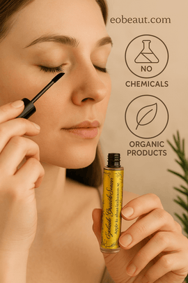 Woman applying ecobeaut.com Eyelash Growth Serum to her lashes in a natural setting, with "no chemicals" and "organic products" icons and ecobeaut.com branding in the top right corner.