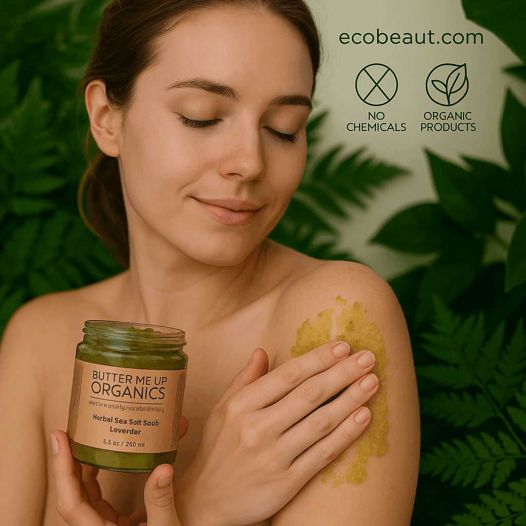 "Woman applying herbal sea salt scrub to her shoulder, holding product jar, with green leaves, eco labels, and ecobeaut.com branding in the top right corner."