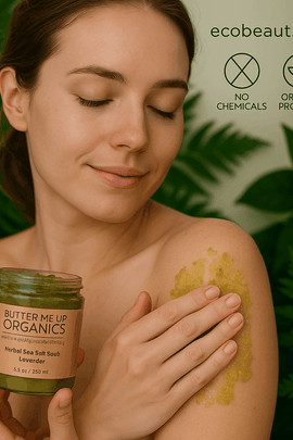 "Woman applying herbal sea salt scrub to her shoulder, holding product jar, with green leaves, eco labels, and ecobeaut.com branding in the top right corner."