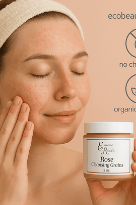 Woman applying natural rose cleansing grains to her face, holding the product jar, with "ecobeaut.com," "no chemicals," and "organic products" icons in the top right.








