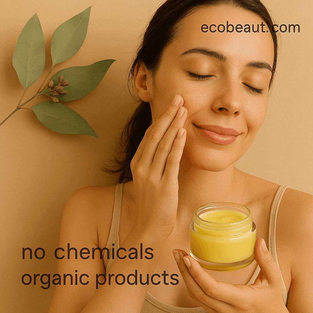 Woman applying natural yellow face cream from a glass jar, with "ecobeaut.com" in the top right corner and labels "no chemicals" and "organic products" at the bottom.