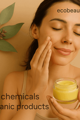 Woman applying natural yellow face cream from a glass jar, with "ecobeaut.com" in the top right corner and labels "no chemicals" and "organic products" at the bottom.