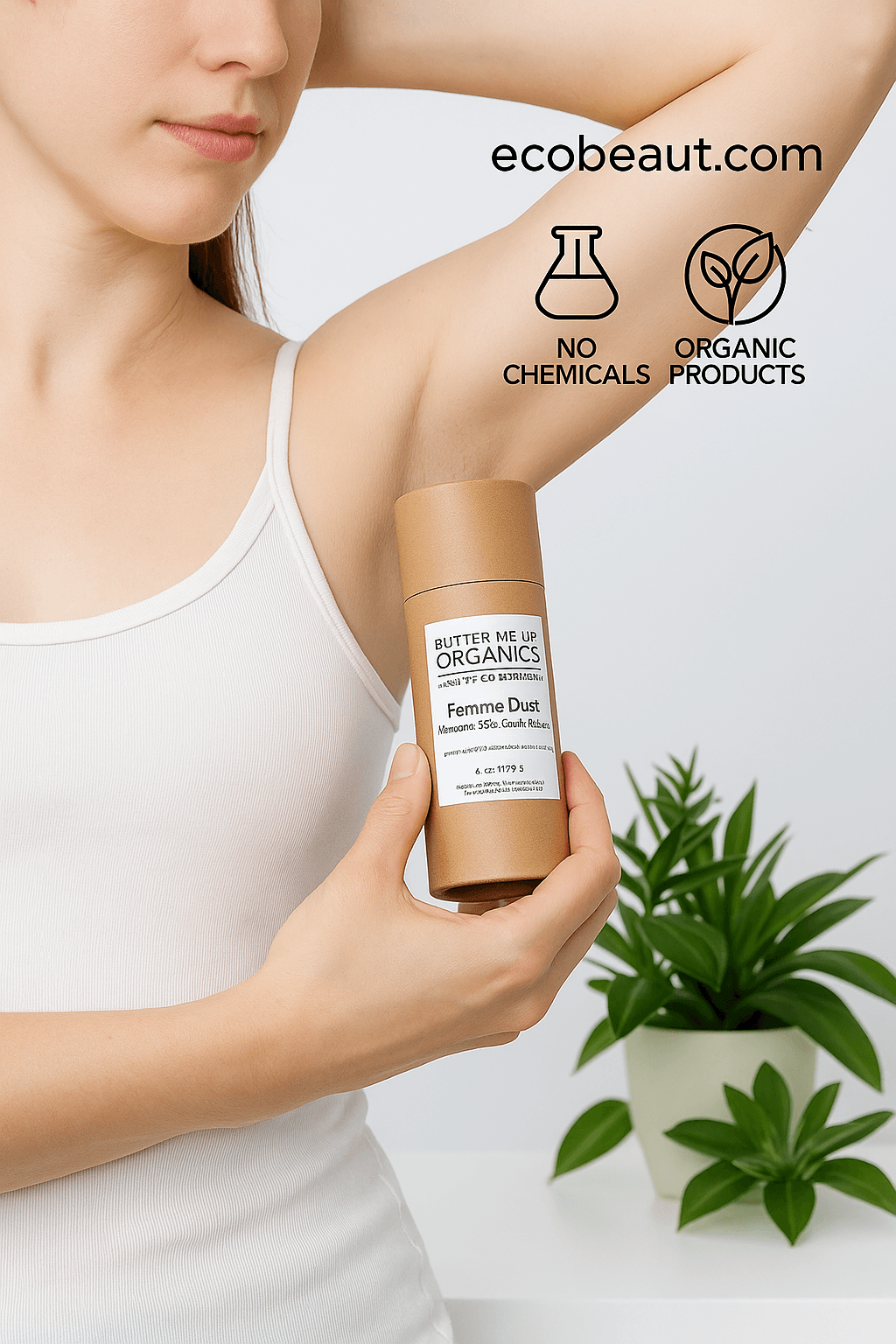 "Woman applying organic Femme Dust powder to underarm, holding kraft tube with black eco labels and ecobeaut.com branding in the top right corner."