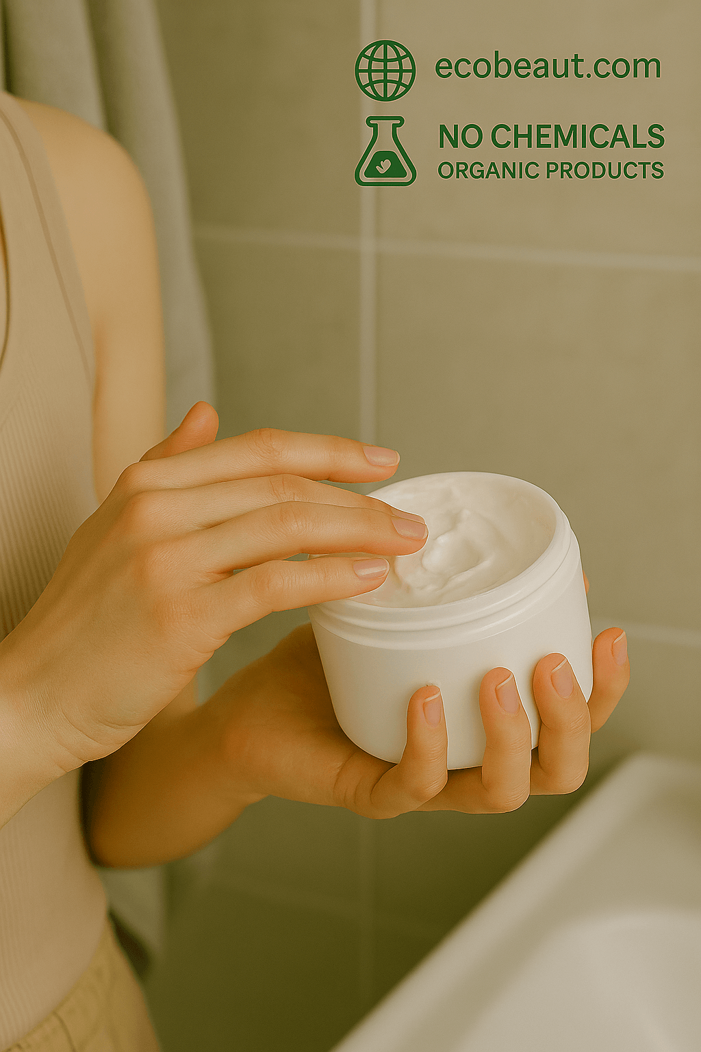 Woman applying organic cream from a white jar onto her hands in a cozy bathroom setting. Eco-friendly skincare labeled no chemicals and organic, from ecobeaut.com.