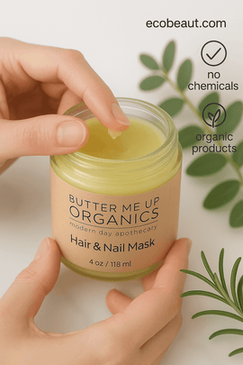 Woman applying organic hair and nail mask from jar with herbs around and ecobeaut.com branding.