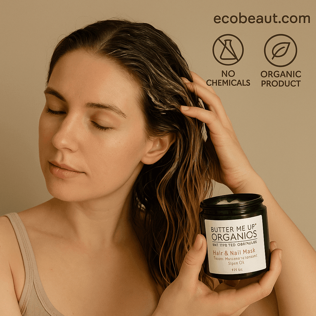 Woman applying organic hair mask from Butter Me Up Organics, holding the jar, with branding icons and ecobeaut.com above.