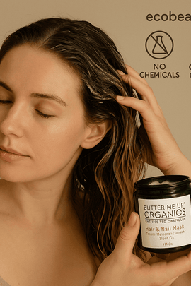 Woman applying organic hair mask from Butter Me Up Organics, holding the jar, with branding icons and ecobeaut.com above.