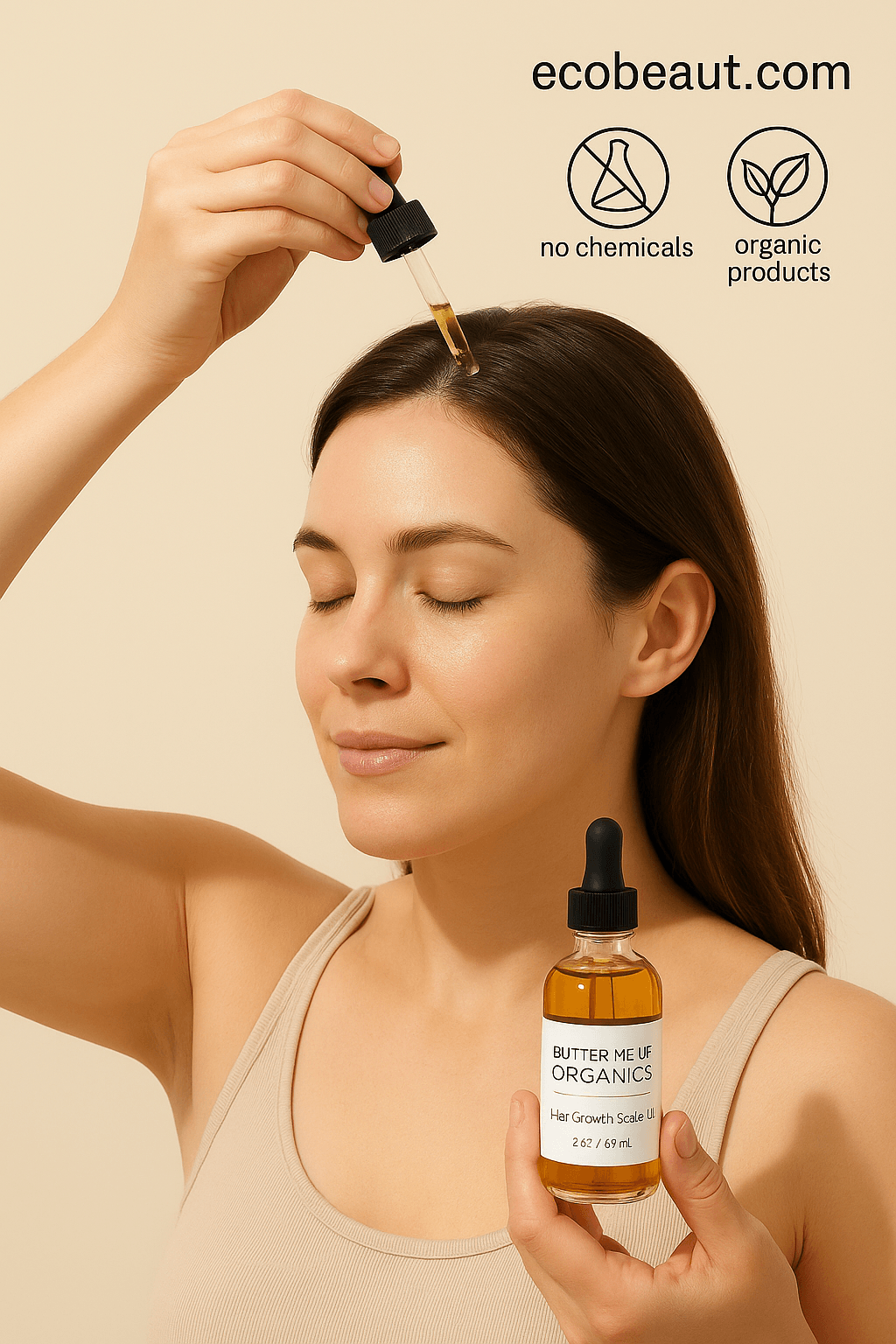 Woman applying organic scalp oil with dropper, holding the bottle, with ecobeaut.com and no chemicals, organic product icons above.