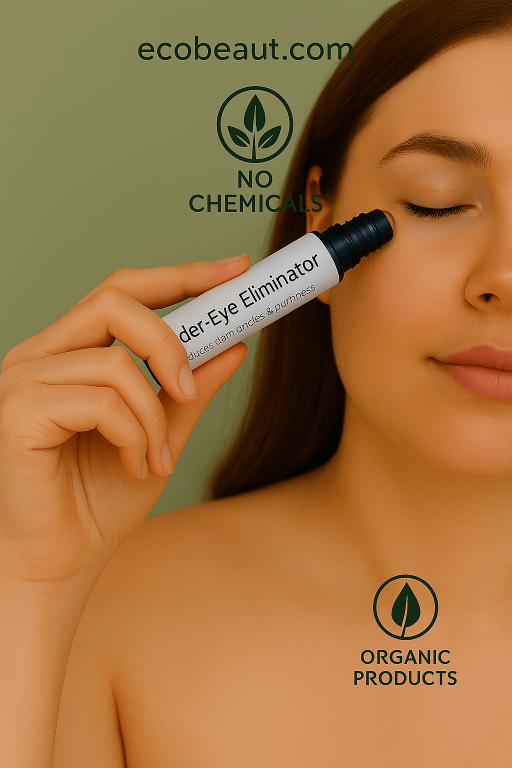 Woman applying organic under-eye serum with roll-on applicator – chemical-free skincare routine by ecobeaut.com