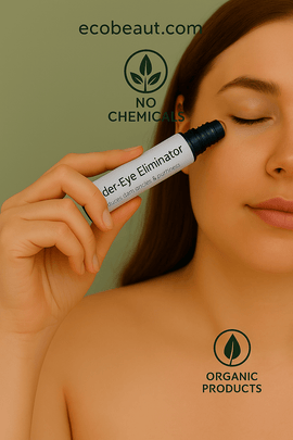 Woman applying organic under-eye serum with roll-on applicator – chemical-free skincare routine by ecobeaut.com