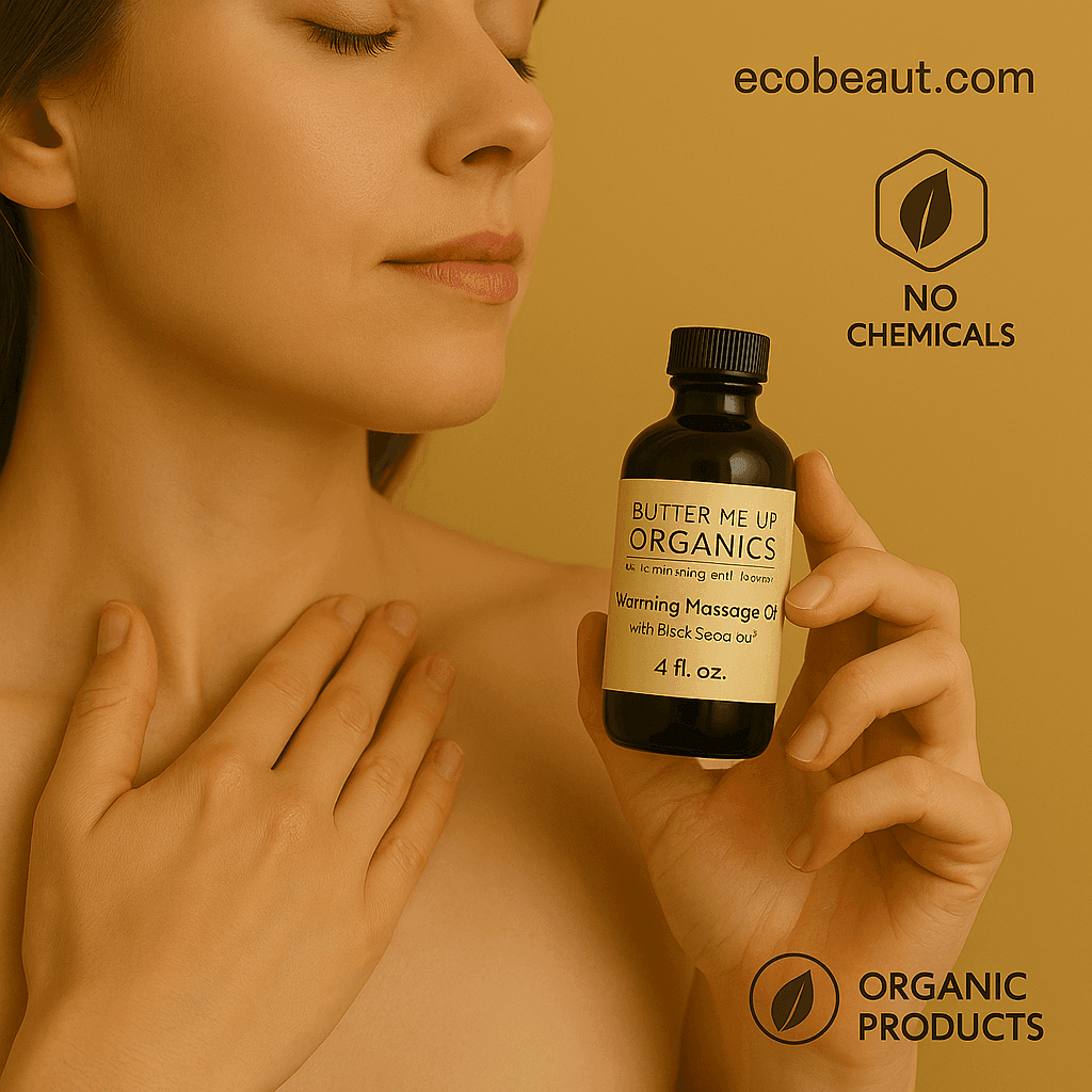 Woman applying organic warming massage oil with black seed oil – Butter Me Up Organics – no chemicals – ecobeaut.com