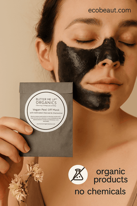 Woman applying vegan peel-off mask with activated charcoal and chamomile by Butter Me Up Organics – organic skincare, no chemicals, ecobeaut.com