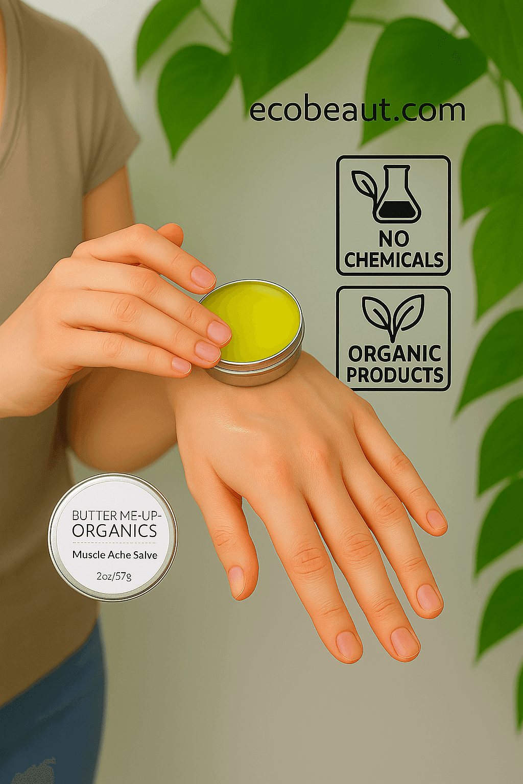 Person applying a green salve to their hand with 'ecobeaut.com' branding and organic product icons.