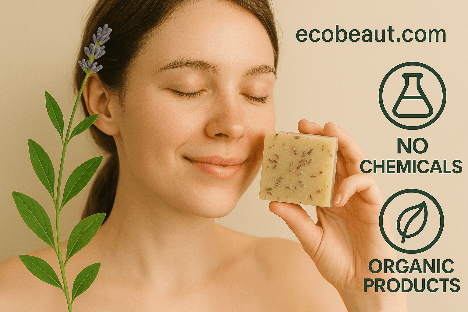 Woman enjoying lavender tea bar with natural elements and ecobeaut.com, No Chemicals, Organic Products labels.