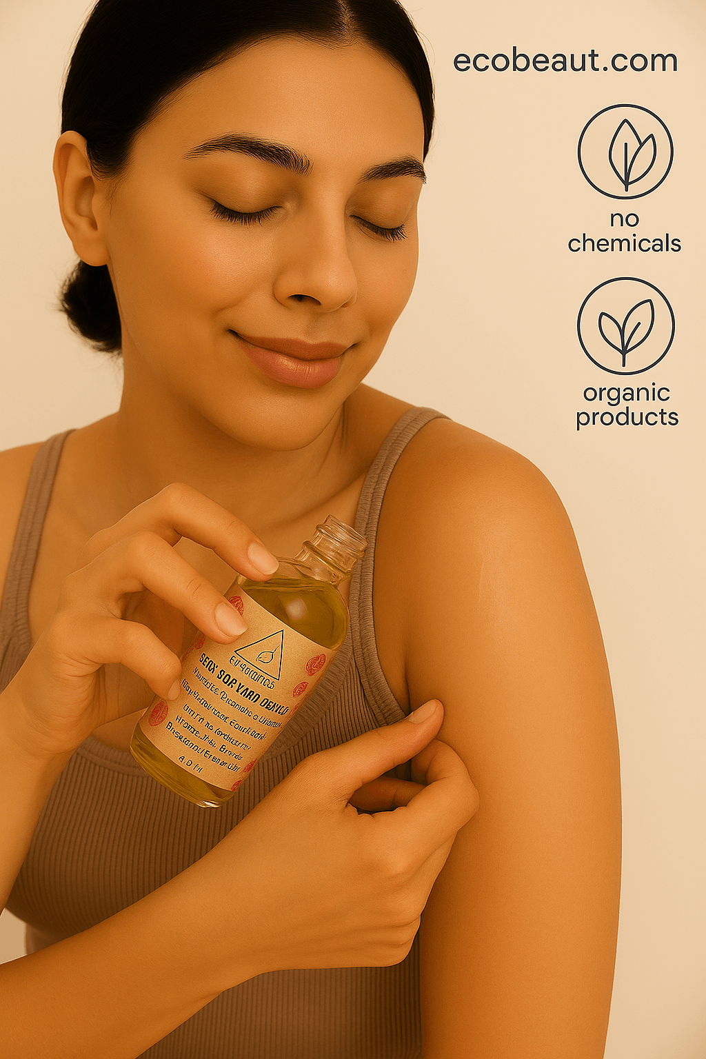 Woman gently applying Frequency Rose Body and Bath Oil to her shoulder, holding the bottle with natural label. Top right corner displays ecobeaut.com and icons: no chemicals, organic products.
