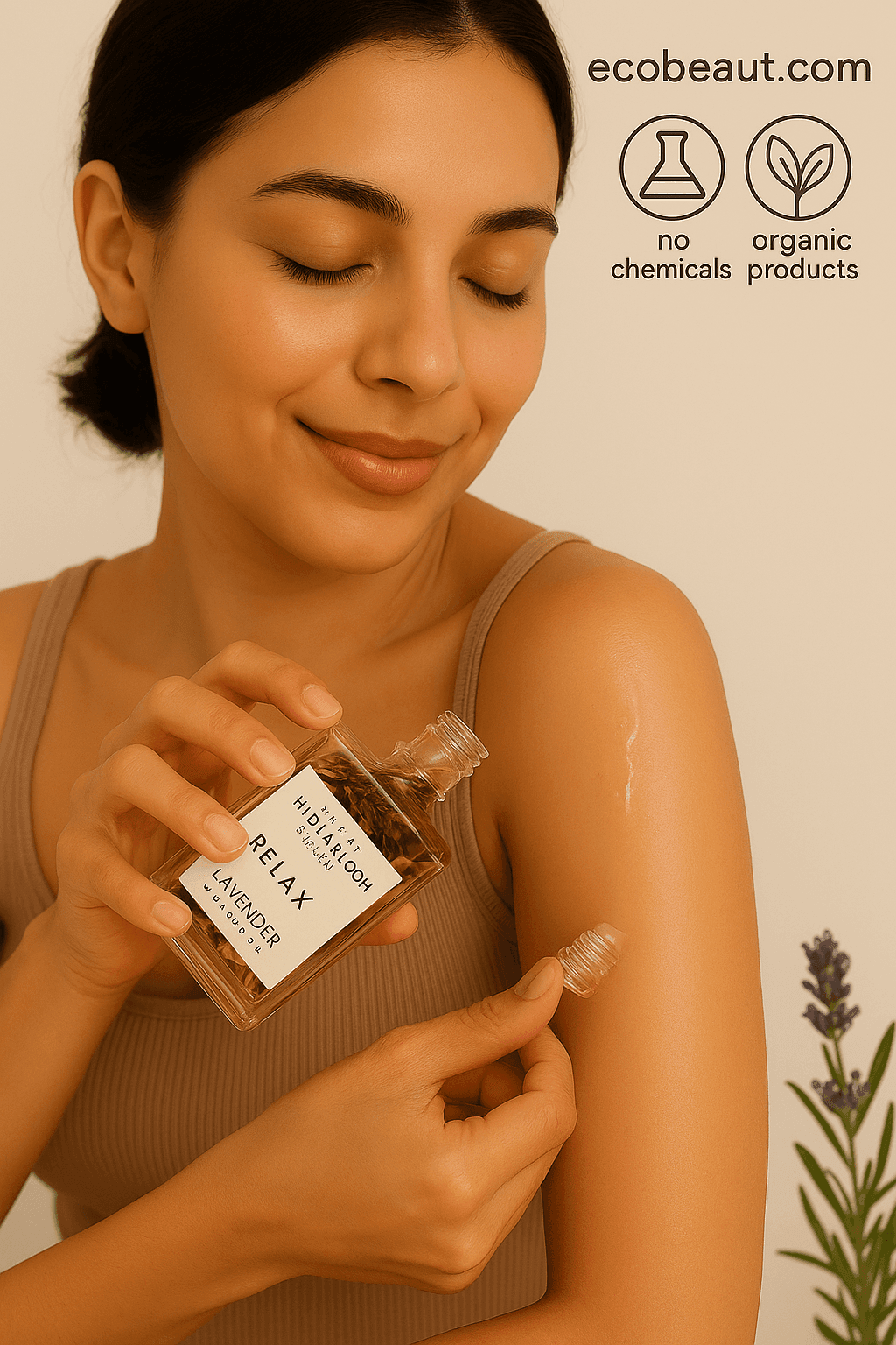 Woman gently applying Lucy B’s Hydra Bloom Lavender Bath & Body Oil to her shoulder. She holds the open bottle, smiling softly, with ecobeaut.com and eco icons in the top right corner.