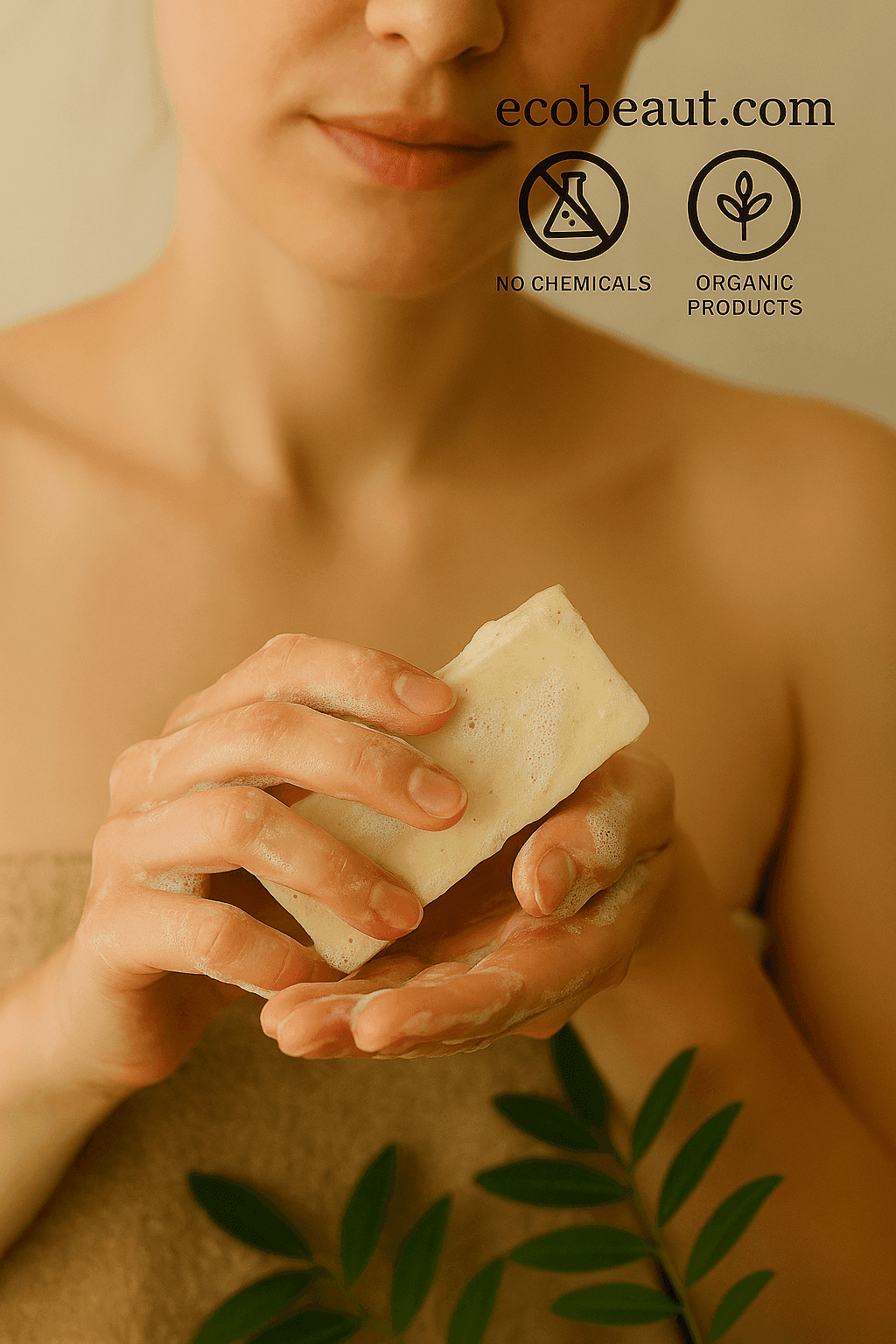 Woman gently washing with organic soap from ecobeaut.com, surrounded by natural light and foliage, with “NO CHEMICALS” and “ORGANIC PRODUCTS” icons in the top right corner.
