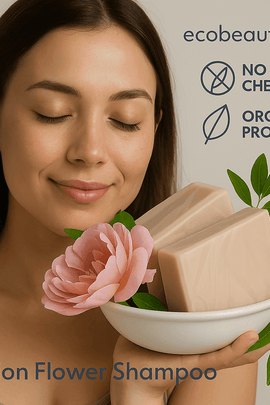 Woman holding Passion Flower Shampoo Bars with pink flower and green leaves, labeled ecobeaut.com, No Chemicals, Organic Products in the top right corner.





