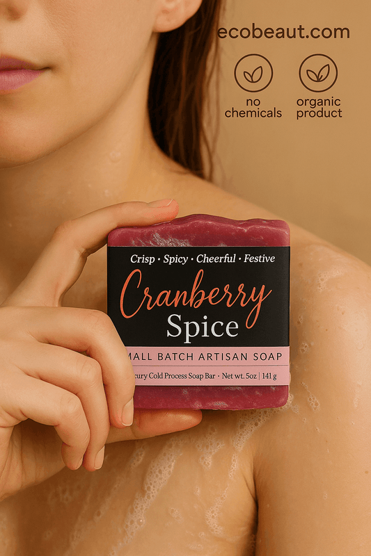 Woman holding a lathered Cranberry Spice artisan soap bar against her shoulder, showing real-life product use; eco-markers "no chemicals", "organic product", and ecobeaut.com displayed in the top right corner.