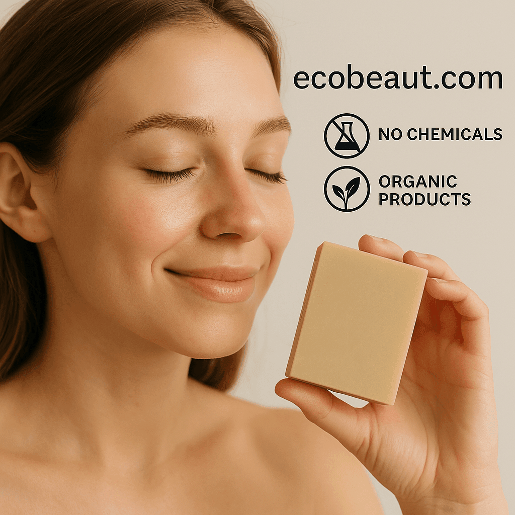 Woman holding a shampoo bar near her face with ecobeaut.com, No Chemicals, Organic Products labels in the top right corner.
