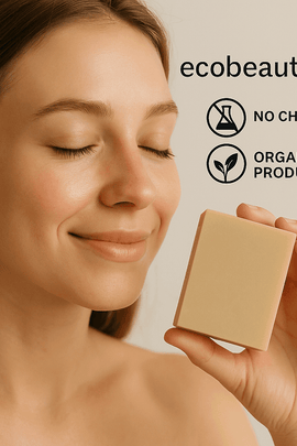Woman holding a shampoo bar near her face with ecobeaut.com, No Chemicals, Organic Products labels in the top right corner.
