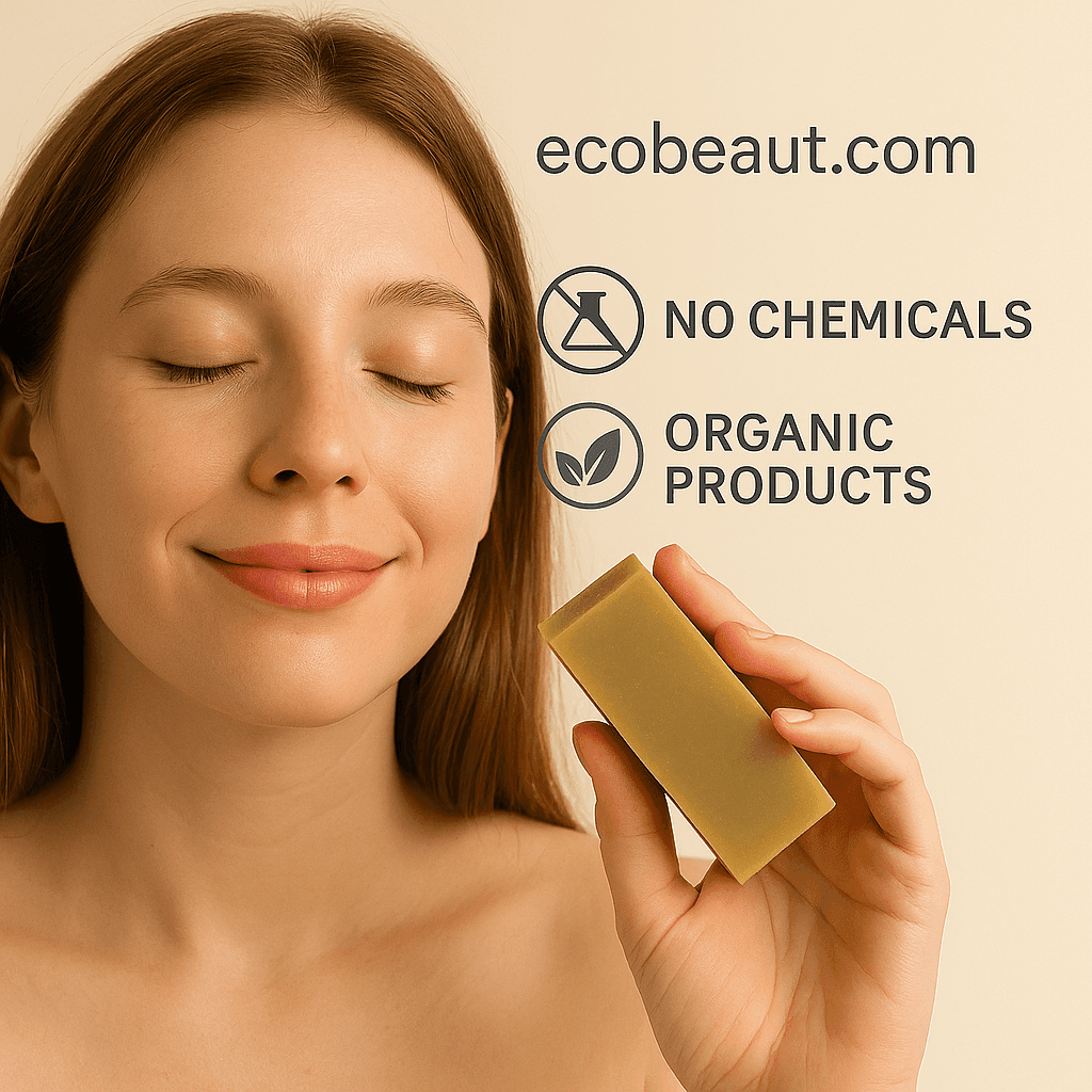 Woman holding natural shampoo bar with ecobeaut.com, No Chemicals, Organic Products labels in the background.