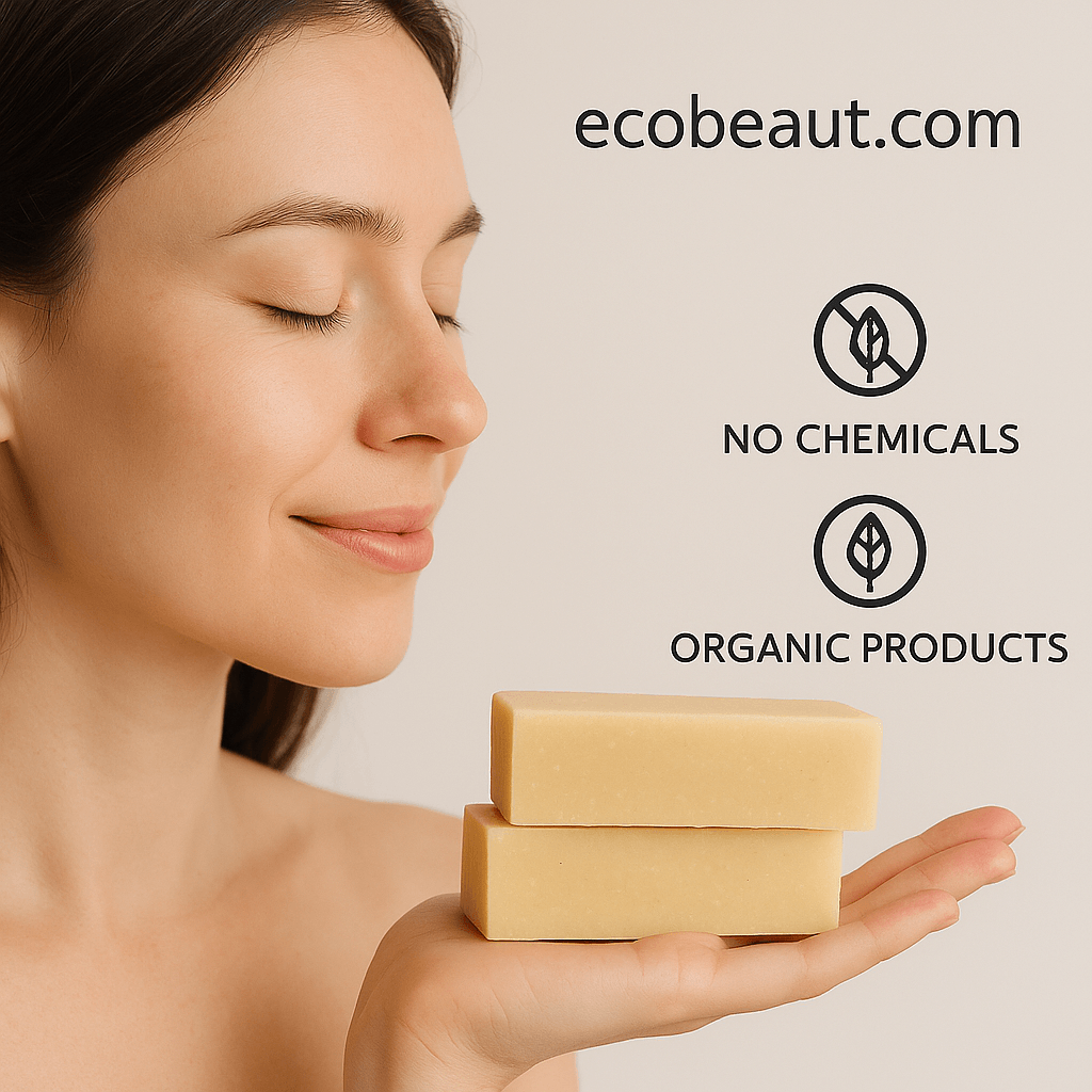 Woman holding two natural Citrus Mango Shampoowith ecobeaut.com, No Chemicals, Organic Products labels in the top right corner.