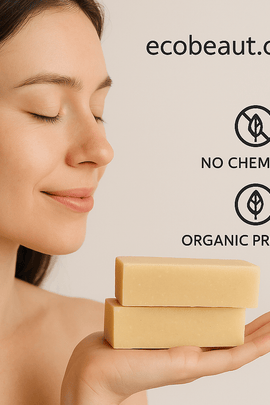 Woman holding two natural Citrus Mango Shampoowith ecobeaut.com, No Chemicals, Organic Products labels in the top right corner.