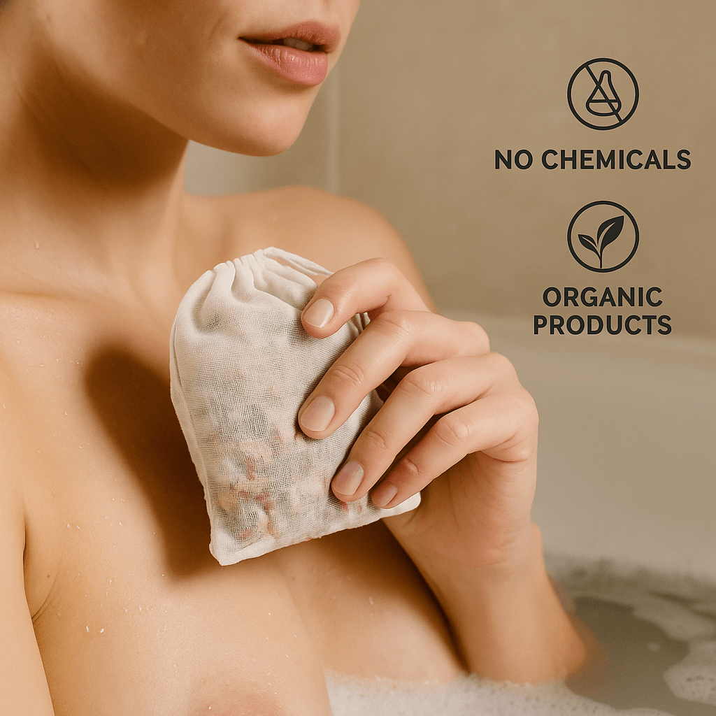 Woman in bath holding muslin bag of sensual herbal bath tea with rose petals and jasmine – eco-conscious self-care, ecobeaut.com