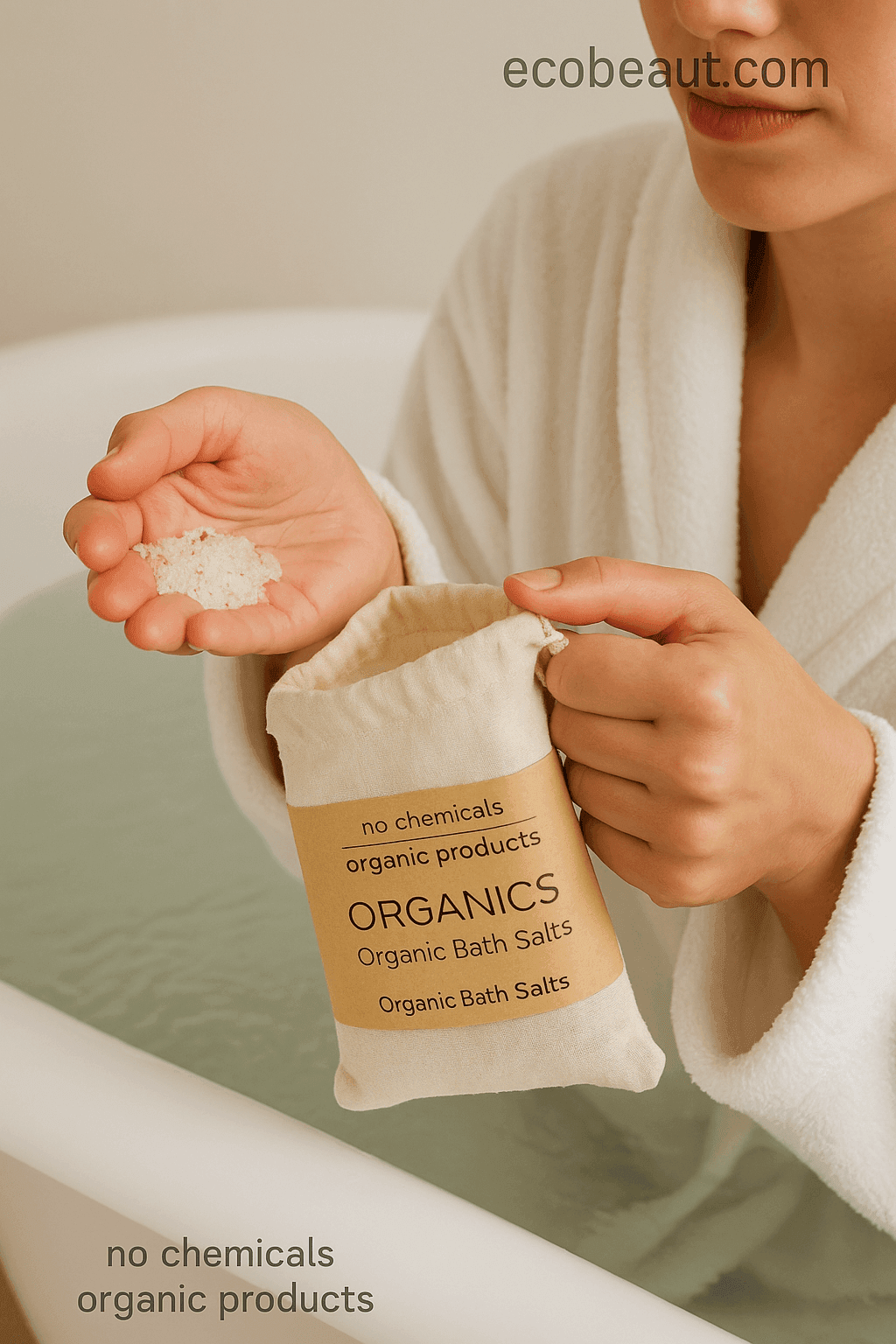 Woman in bathrobe scooping natural bath salts from cotton bag into tub – chemical-free, organic bath product from ecobeaut.com