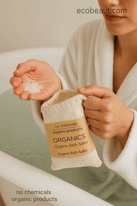 Woman in bathrobe scooping natural bath salts from cotton bag into tub – chemical-free, organic bath product from ecobeaut.com