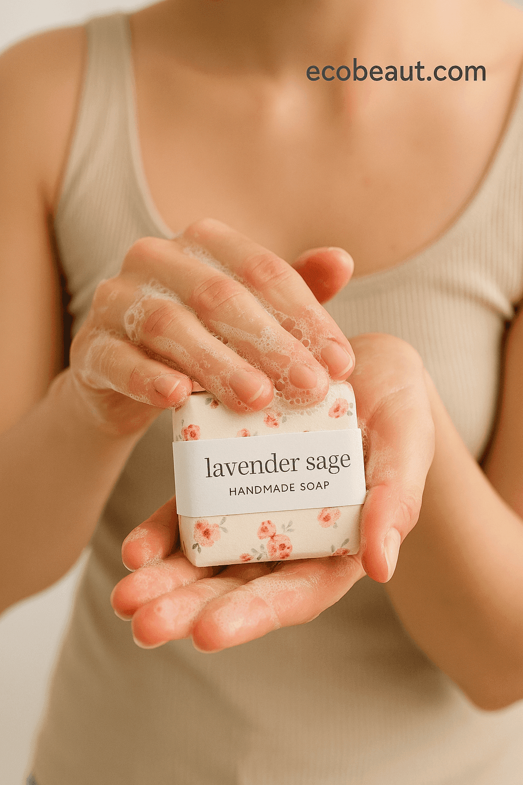 Woman lathering with handmade lavender sage soap from ecobeaut.com – floral packaging and gentle cleansing foam