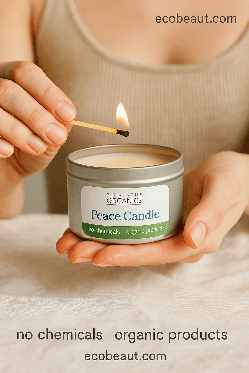Person lighting a 'Peace Candle' from Butter Me Up Organics with a visible label.