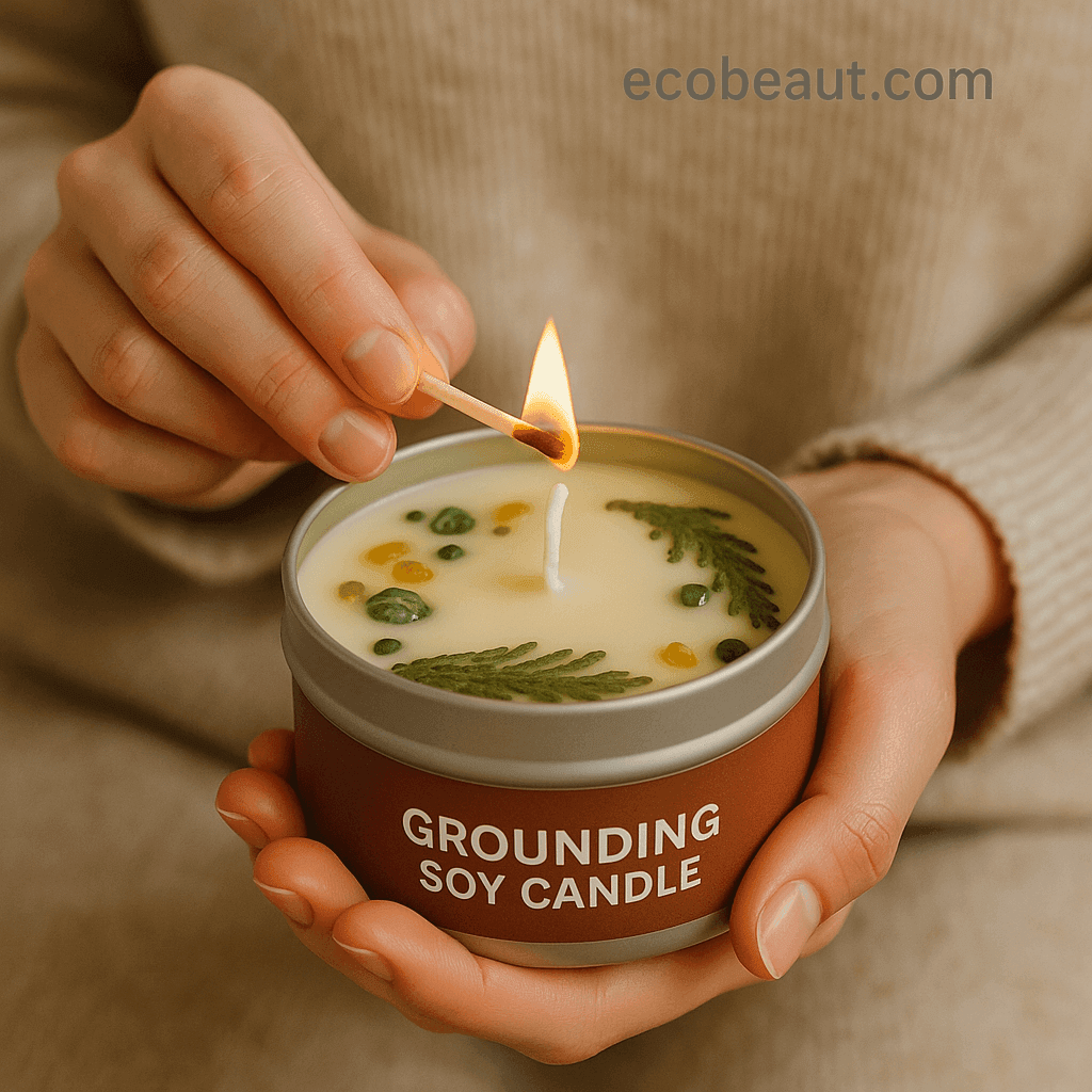 Woman lighting grounding soy candle with crystals and essential oils – relaxing aromatherapy moment from ecobeaut.com