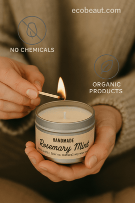 Woman lighting rosemary mint soy wax candle with match – organic handmade candle with no chemicals from ecobeaut.com