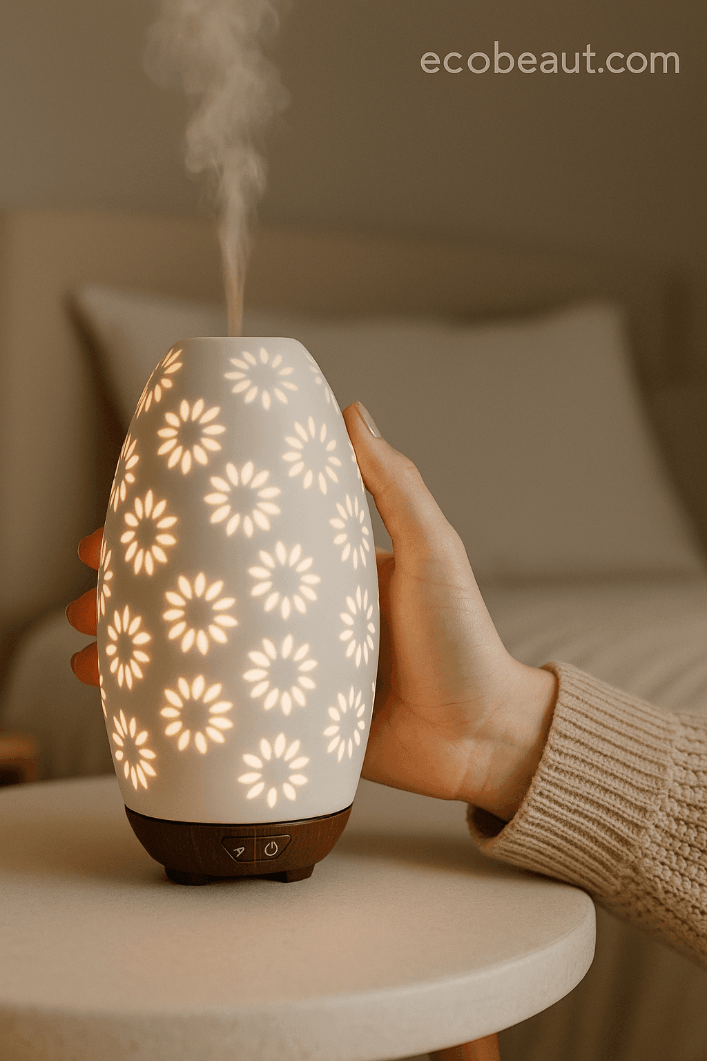 Woman placing drops of essential oil into daisy ceramic diffuser on table, with soft lighting and ecobeaut.com branding in the corner