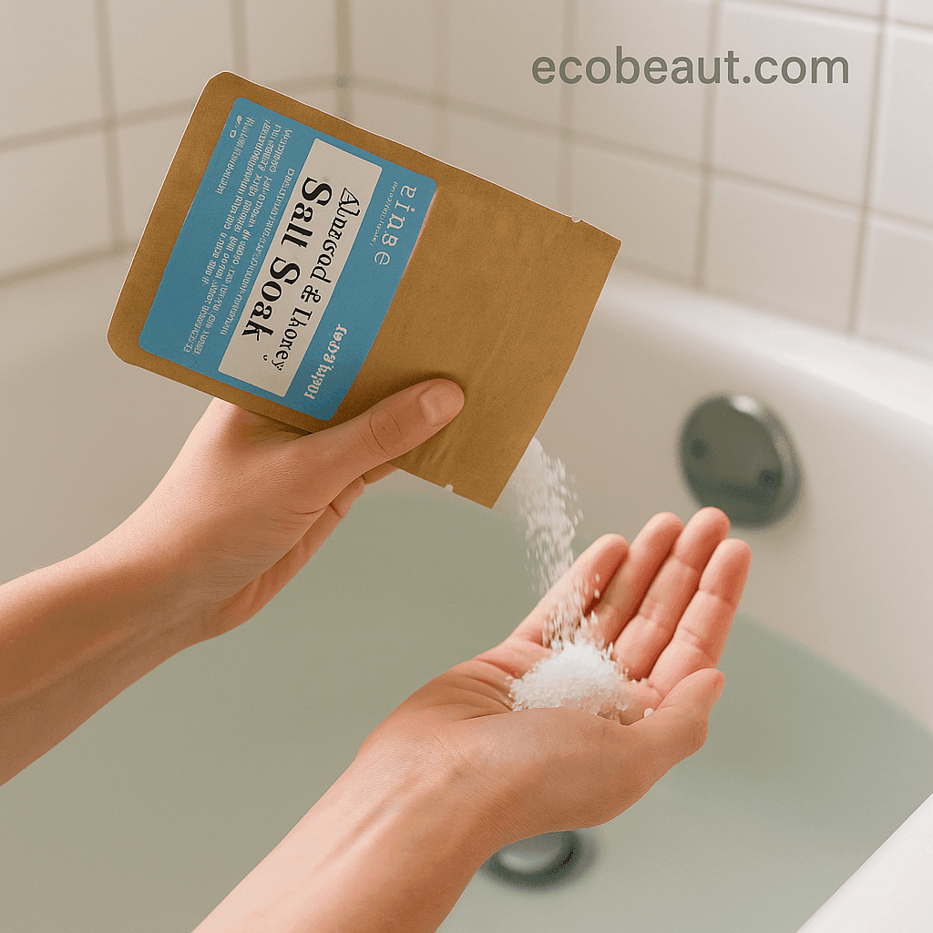 Woman pouring Almond and Honey Salt Soak into hand over bathtub – soothing natural bath ritual by ecobeaut.com