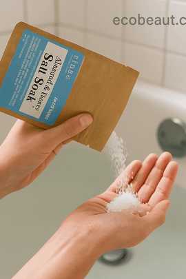 Woman pouring Almond and Honey Salt Soak into hand over bathtub – soothing natural bath ritual by ecobeaut.com