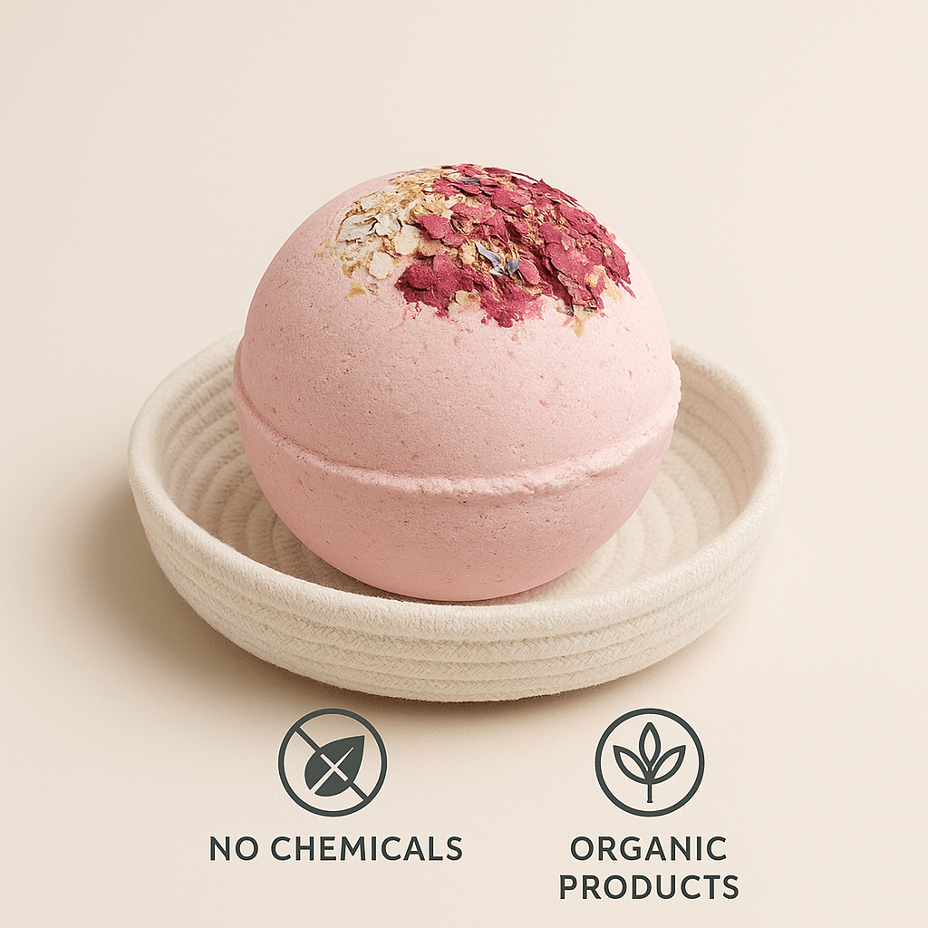 Woman's hand holding a pink bath bomb with dried botanicals above a bathtub, labeled no chemicals and organic products — ecobeaut.com