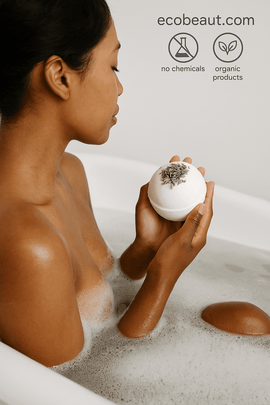Woman’s hands holding organic bath bomb over bathtub – eco-friendly, lavender-infused, chemical-free bath soak