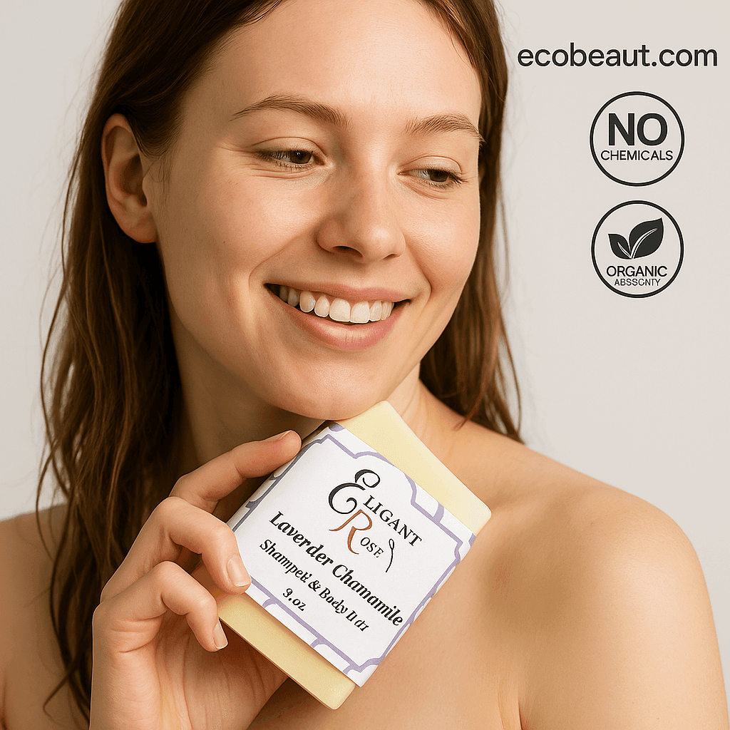 Woman smiling and holding Lavender Chamomile Shampoo Bar with ecobeaut.com, No Chemicals, Organic Products labels in the top right corner.





